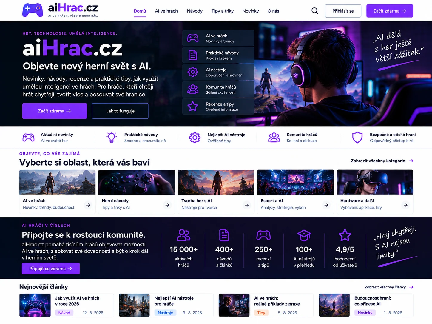 Ilustrační návrh herního webu aiHrac.cz s fialovými prvky